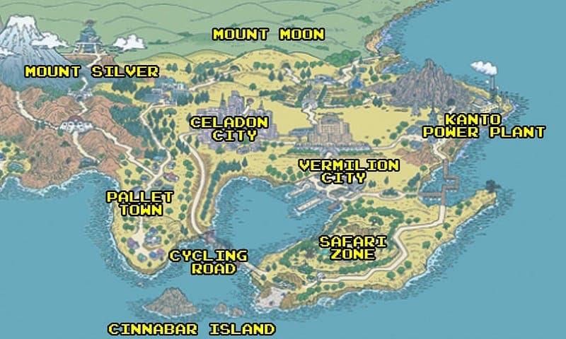 The world map for the in-game Kanto region beside its real-world inspiration in Japan.
